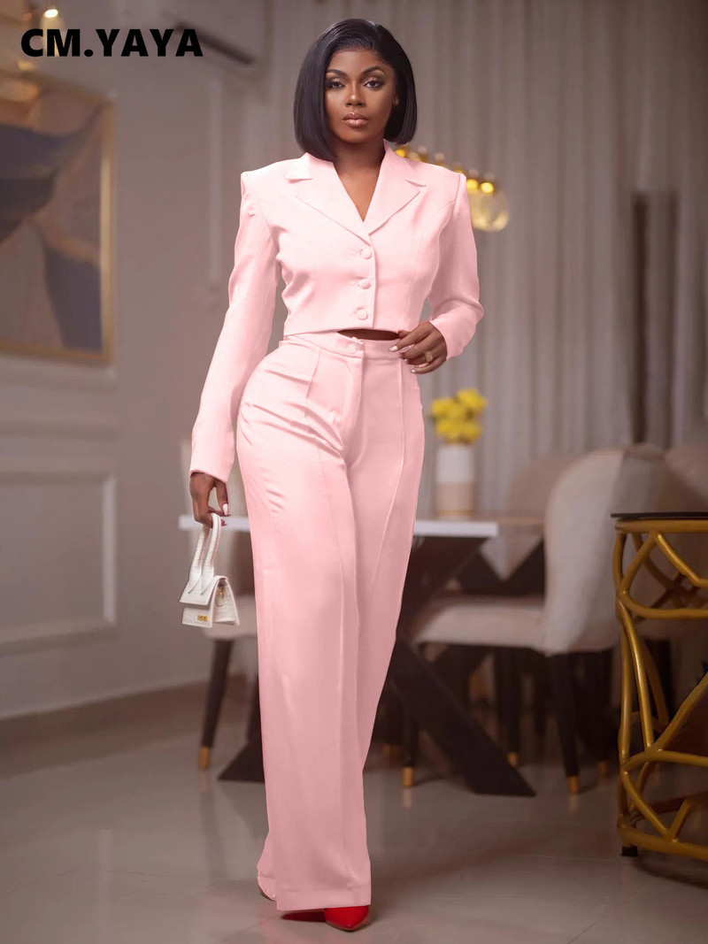 CM.YAYA Vintage ženski jednoredni mini blejzer odijelo i ravne široke hlače, dva dvodijelna kompleta Ženska ulična OL Chic odjeća