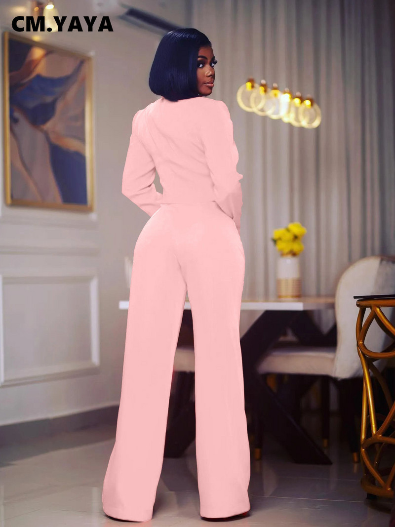 CM.YAYA Vintage ženski jednoredni mini blejzer odijelo i ravne široke hlače, dva dvodijelna kompleta Ženska ulična OL Chic odjeća