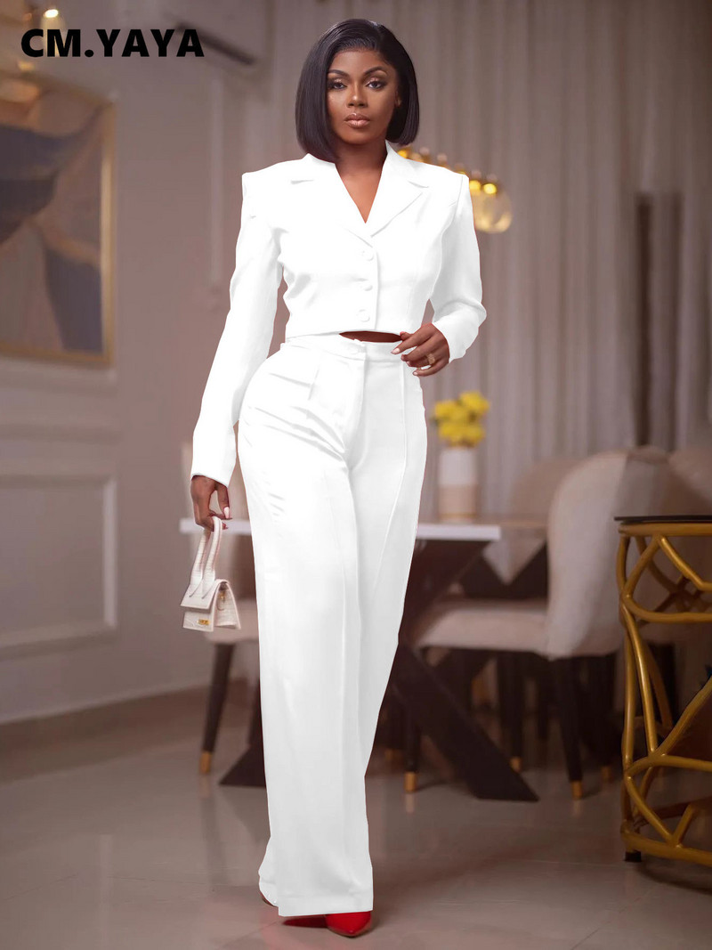 CM.YAYA Vintage ženski jednoredni mini blejzer odijelo i ravne široke hlače, dva dvodijelna kompleta Ženska ulična OL Chic odjeća