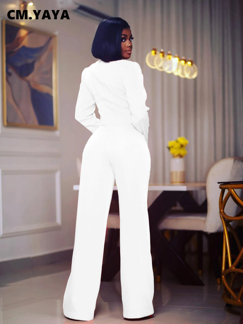 CM.YAYA Vintage ženski jednoredni mini blejzer odijelo i ravne široke hlače, dva dvodijelna kompleta Ženska ulična OL Chic odjeća