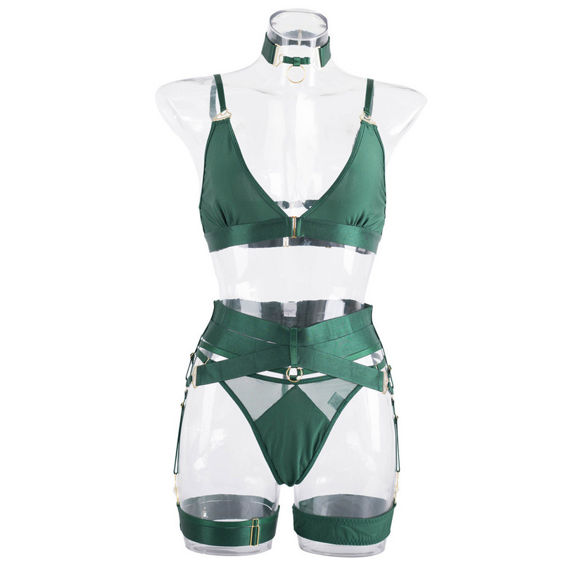 Yimunancy Set de lenjerie din plasă, 4 piese, pentru femei, choker gotic, transparent, fără fir, erotic, set de jartieră sexy