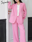 Syiwidii Costume roz pentru femei 2023, nou, supradimensionat, cu mâneci lungi, cu mâneci lungi, sacou elegant, cu talie înaltă, cu picior lat, costume drepte, set de pantaloni