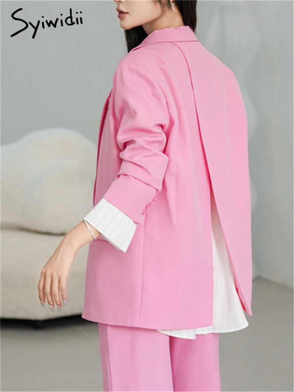 Syiwidii Costume roz pentru femei 2023, nou, supradimensionat, cu mâneci lungi, cu mâneci lungi, sacou elegant, cu talie înaltă, cu picior lat, costume drepte, set de pantaloni