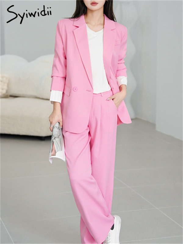 Syiwidii Costume roz pentru femei 2023, nou, supradimensionat, cu mâneci lungi, cu mâneci lungi, sacou elegant, cu talie înaltă, cu picior lat, costume drepte, set de pantaloni