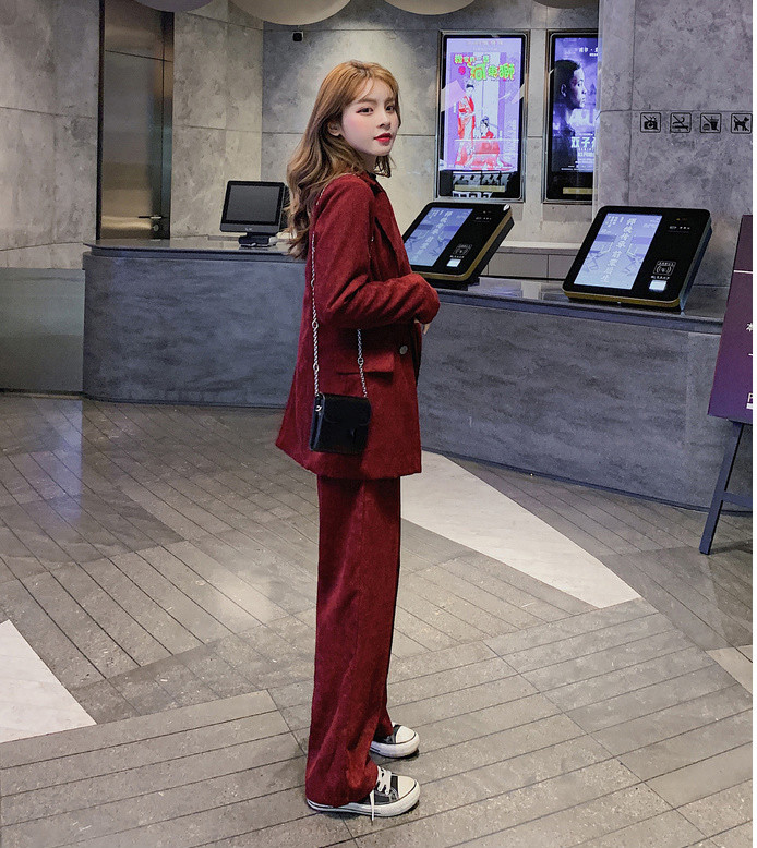 2021. aasta talv, uus naiste šikk bleiser, velvetist kaheosaline komplekt, vintage sälguga kaherealine mantel ja pikad püksid S9N702K