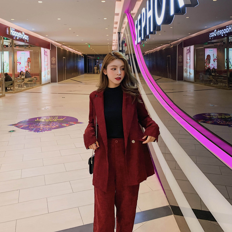 2021. aasta talv, uus naiste šikk bleiser, velvetist kaheosaline komplekt, vintage sälguga kaherealine mantel ja pikad püksid S9N702K