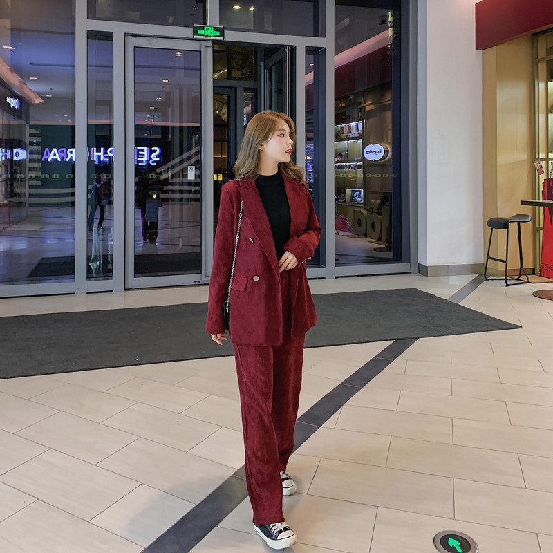2021. aasta talv, uus naiste šikk bleiser, velvetist kaheosaline komplekt, vintage sälguga kaherealine mantel ja pikad püksid S9N702K