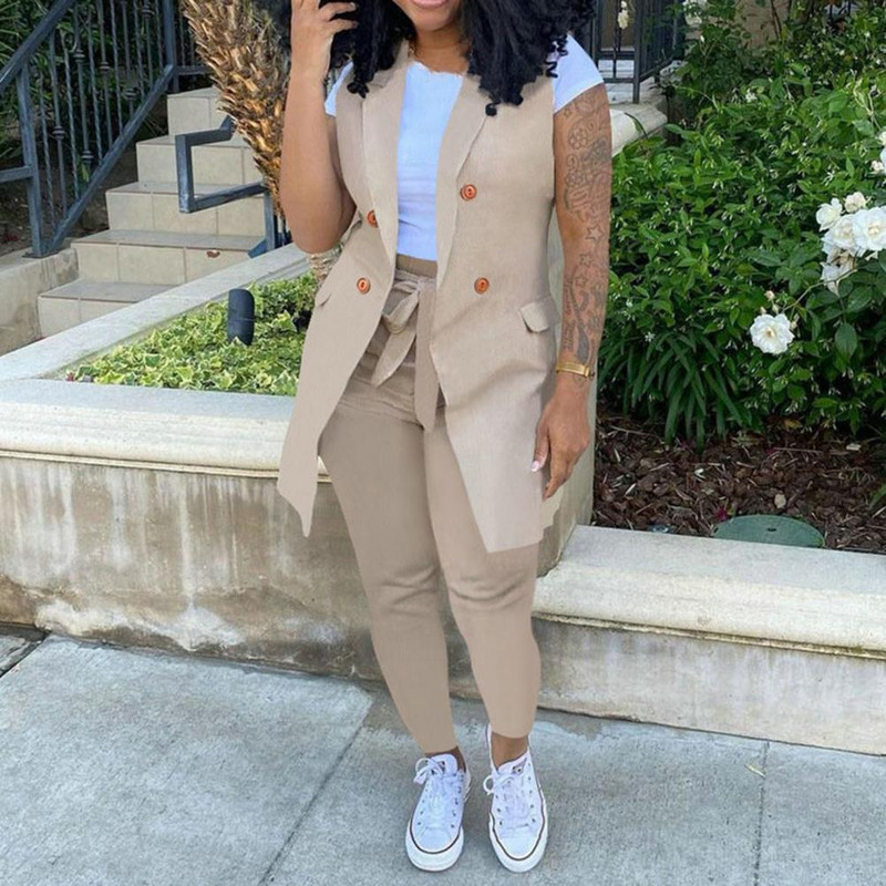 Set două piese cu imprimeu în dungi Femei Blazer fără mâneci haine geneve pantaloni ținute office doamnă elegante de lucru 2 buc costume ansamblu femei