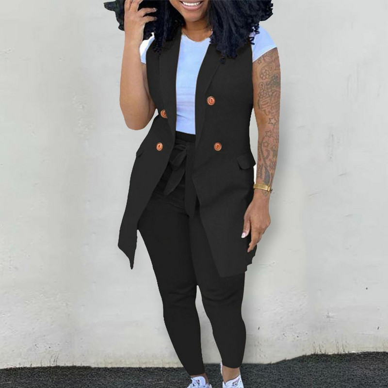 Set două piese cu imprimeu în dungi Femei Blazer fără mâneci haine geneve pantaloni ținute office doamnă elegante de lucru 2 buc costume ansamblu femei