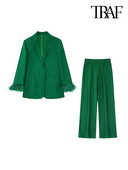 TRAF Moda Femei Cu Pene Blazer Nasturi în față și Pantaloni lați cu talie elastică înaltă Seturi de două piese Femeii