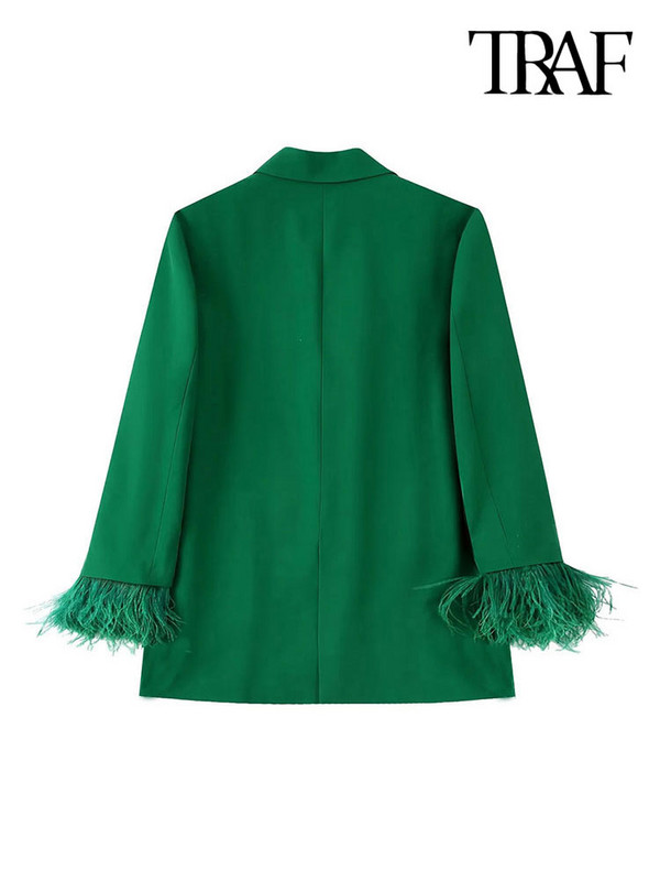 TRAF Moda Femei Cu Pene Blazer Nasturi în față și Pantaloni lați cu talie elastică înaltă Seturi de două piese Femeii