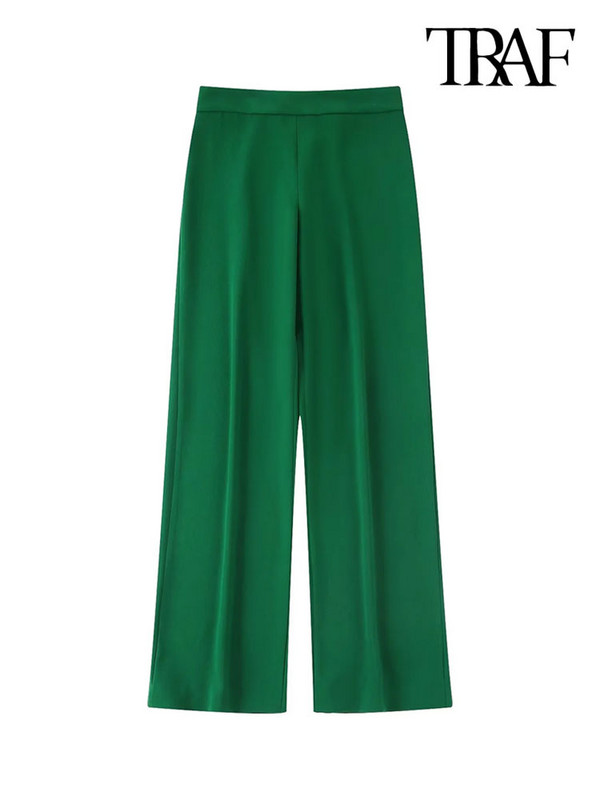 TRAF Moda Femei Cu Pene Blazer Nasturi în față și Pantaloni lați cu talie elastică înaltă Seturi de două piese Femeii