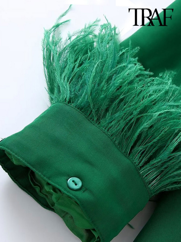 TRAF Moda Femei Cu Pene Blazer Nasturi în față și Pantaloni lați cu talie elastică înaltă Seturi de două piese Femeii