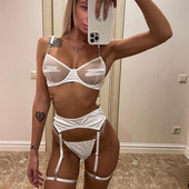 MeiKeDai Push Upp Σέξι αλυσίδα εσωρούχων Λευκά εσώρουχα Αισθησιακά διάφανα σουτιέν 3 τεμαχίων δαντέλα Όμορφο σετ εσώρουχα μουνί σε ερωτικό