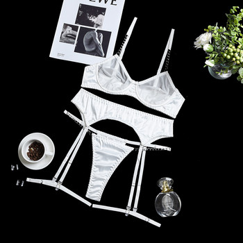 MeiKeDai Push Upp Верига за секси бельо Бяло бельо Чувствени прозрачни сутиени 3-Pieces Lace Beautiful Erotic Pussy Panties Set