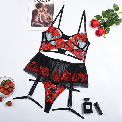 Set de sutien din dantelă Yimunancy, 3 bucăți, set de lenjerie de broderie pentru femei, jartieră sexy din plasă, patchwork, kit exotic