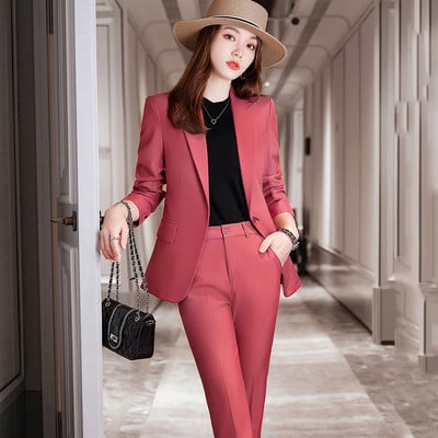 Bej Roz Kaki Caise Cafea Negru Albastru S-5XL Set 2 piese Costum pantalon femei Office Lady OL Fata Sacou Blazer și pantaloni
