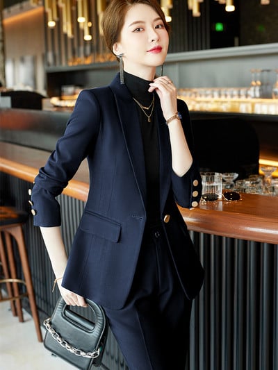 Bej Roz Kaki Caise Cafea Negru Albastru S-5XL Set 2 piese Costum pantalon femei Office Lady OL Fata Sacou Blazer și pantaloni