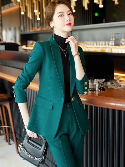 Bej Roz Kaki Caise Cafea Negru Albastru S-5XL Set 2 piese Costum pantalon femei Office Lady OL Fata Sacou Blazer și pantaloni