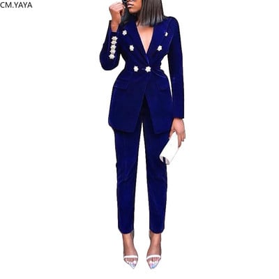 Trening de toamnă iarnă cu crestătură cu mânecă completă Blazers Pantaloni Costum Două piese Casual Office Lady Outfit Solid Women Set Uniformă 1230