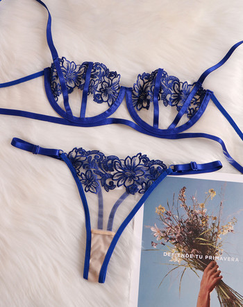 FUZHAN Cobalt Lingerie Thongs Дамски комплект бельо Woman 2 Pieces Fancy Lace Transparent Sutien Erotic Pushup Sexy Fine Intimate