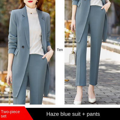 Set de 2 bucăți, pantaloni blazer pentru femei profesionale de birou, de înaltă calitate, la modă de toamnă, jachetă lungă pentru femei peste costum de afaceri, pantaloni casual