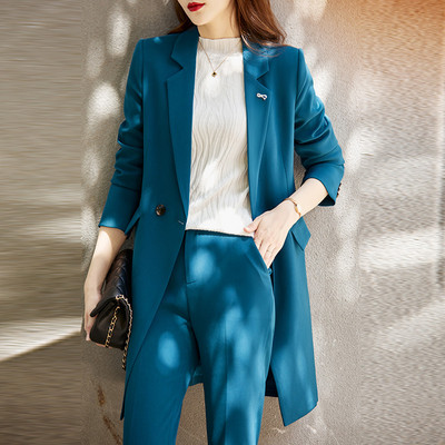 Set de 2 bucăți, pantaloni blazer pentru femei profesionale de birou, de înaltă calitate, la modă de toamnă, jachetă lungă pentru femei peste costum de afaceri, pantaloni casual