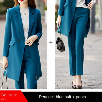 Set de 2 bucăți, pantaloni blazer pentru femei profesionale de birou, de înaltă calitate, la modă de toamnă, jachetă lungă pentru femei peste costum de afaceri, pantaloni casual