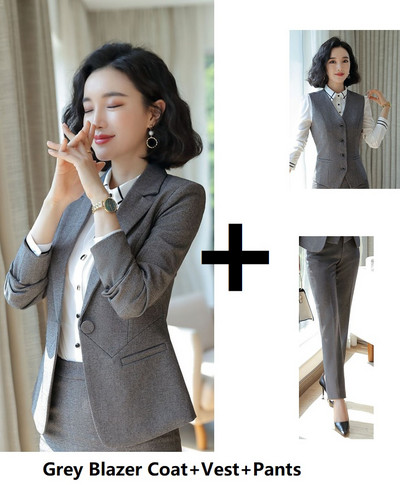 Ametlik vormiriietus Pükskostüümid naistele Ärirõivad Ülikonnad Sügis-talv Professionaalsed naiste kontoribleiserid, hallid