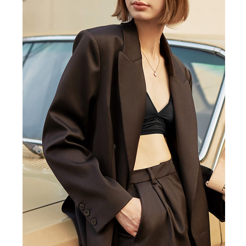 AEL Vintage φθινοπωρινό γυναικείο κοστούμι παντελόνι Σκούρο καφέ Φαρδύ σακάκι μπλέιζερ Παντελόνι με φαρδύ πόδι Σετ γραφείου (παντελόνι και μπλέιζερ πωλούνται ξεχωριστά)