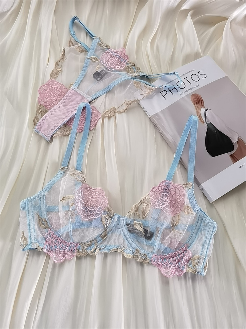 Set de lenjerie de corp sexy cu broderie din plasă ultra-subțire, sutien transparent pentru tentație, cu sârmă, chiloți de lenjerie de dimensiuni mari