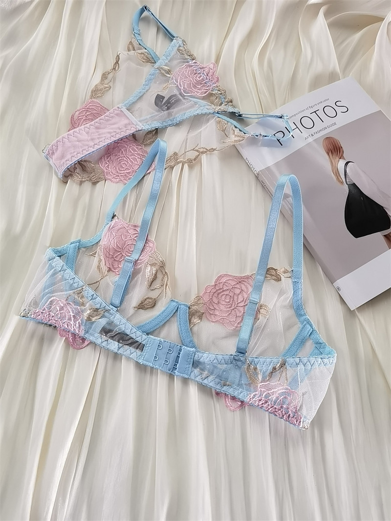 Set de lenjerie de corp sexy cu broderie din plasă ultra-subțire, sutien transparent pentru tentație, cu sârmă, chiloți de lenjerie de dimensiuni mari