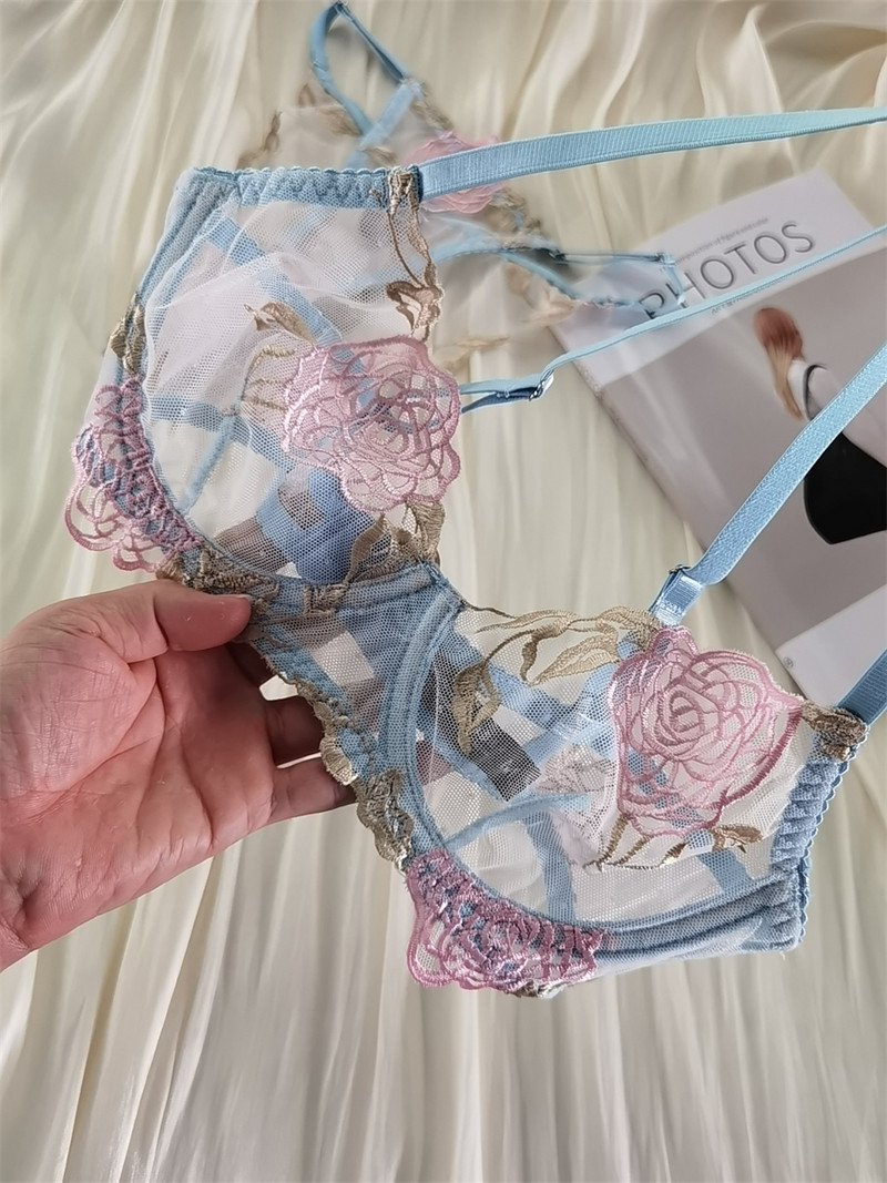Set de lenjerie de corp sexy cu broderie din plasă ultra-subțire, sutien transparent pentru tentație, cu sârmă, chiloți de lenjerie de dimensiuni mari