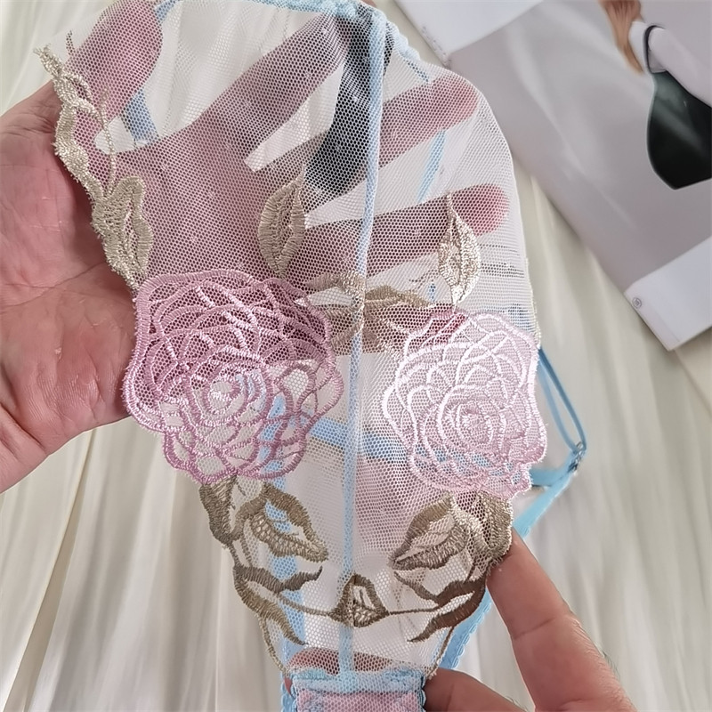 Set de lenjerie de corp sexy cu broderie din plasă ultra-subțire, sutien transparent pentru tentație, cu sârmă, chiloți de lenjerie de dimensiuni mari