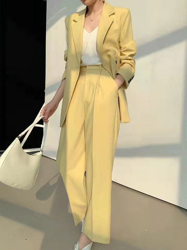 Costumul pantaloni de afaceri vintage pentru femei Blazer galben cu nasturi ocazional cu pantaloni largi Set 2 piese Moda coreeană șic ținută formală