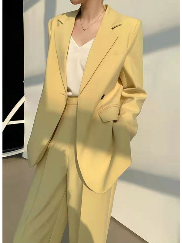 Costumul pantaloni de afaceri vintage pentru femei Blazer galben cu nasturi ocazional cu pantaloni largi Set 2 piese Moda coreeană șic ținută formală