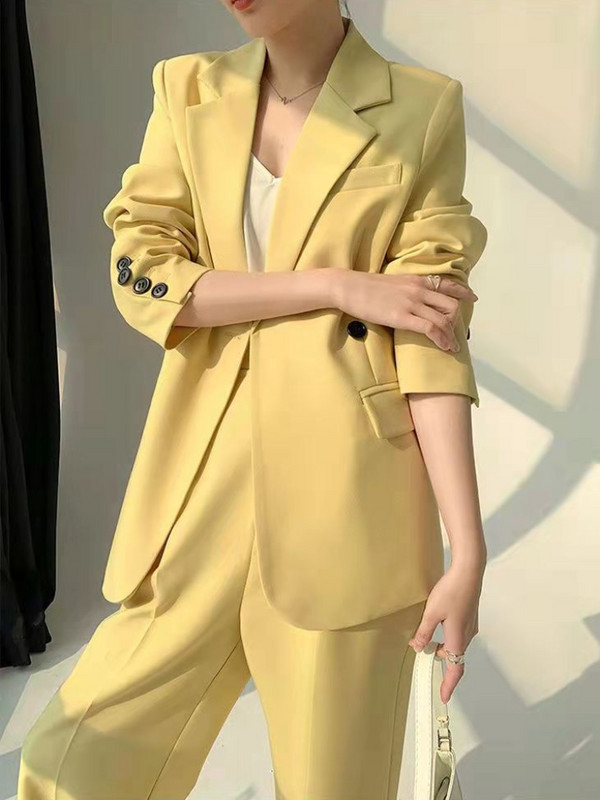 Costumul pantaloni de afaceri vintage pentru femei Blazer galben cu nasturi ocazional cu pantaloni largi Set 2 piese Moda coreeană șic ținută formală