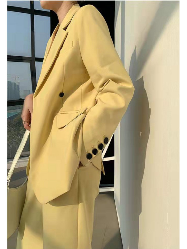 Costumul pantaloni de afaceri vintage pentru femei Blazer galben cu nasturi ocazional cu pantaloni largi Set 2 piese Moda coreeană șic ținută formală