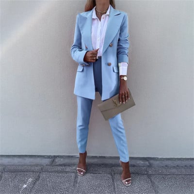 Jachetă de damă Blazer cu crestături cu două piepți Costum birou Pantaloni Costum solid cu mâneci lungi + Pantaloni Blazer Conjuntos De Mujer