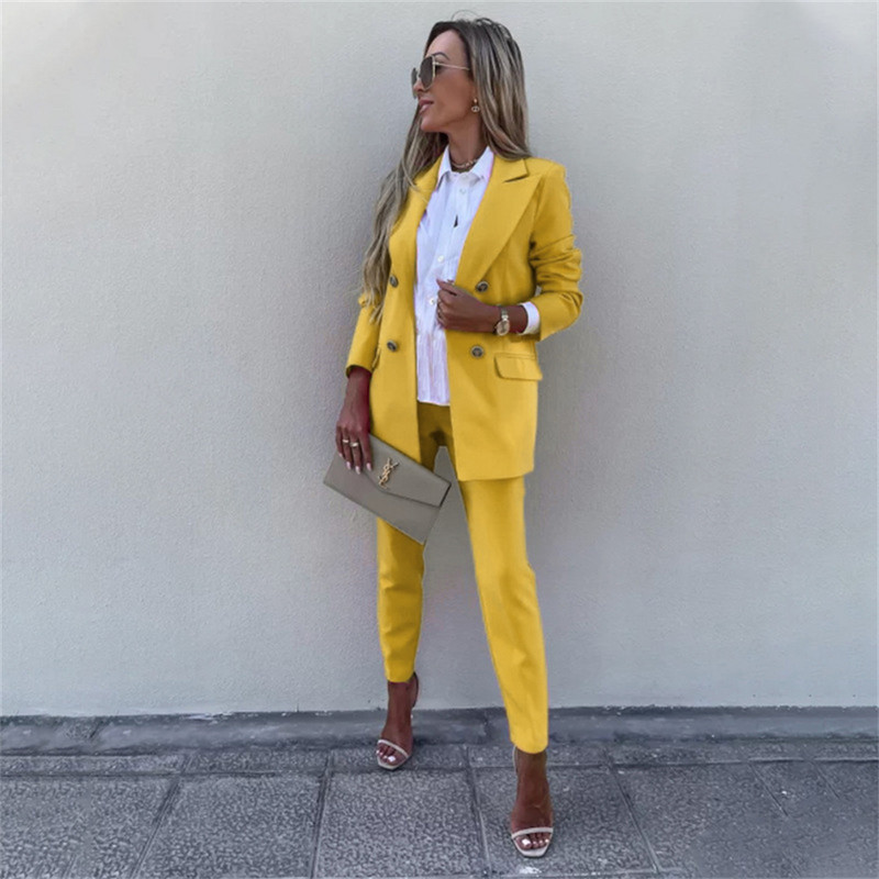 Naiste jope, kaherealine sälguline bleiser kontoriülikond pükskostüüm, pikk varrukaga ülikond + püksid bleiser Conjuntos De Mujer