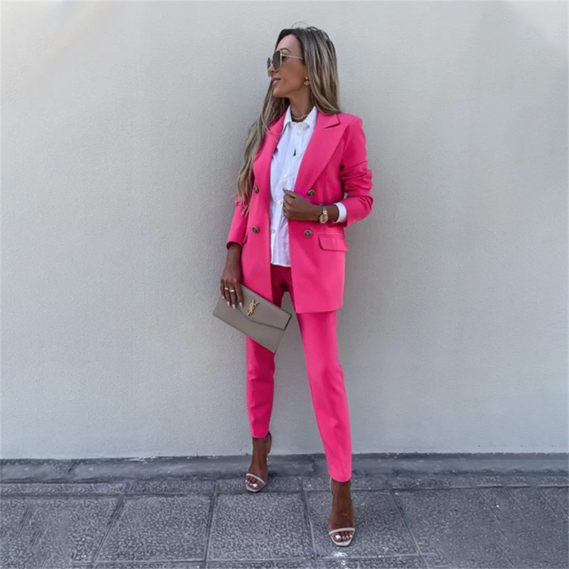 Naiste jope, kaherealine sälguline bleiser kontoriülikond pükskostüüm, pikk varrukaga ülikond + püksid bleiser Conjuntos De Mujer