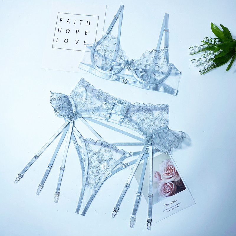 Γυναικεία Δαντελένια Σετ σουτιέν εσώρουχα διάφανα σέξι εσώρουχα Garter Αφρώδη διαμαντένια κέντημα Hear Underwire Γυναικεία εσώρουχα