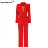 HarleyFashion Trening pentru femei din catifea roșie Blazer și pantaloni de calitate pentru Lady Office Set 2 piese Design de lux