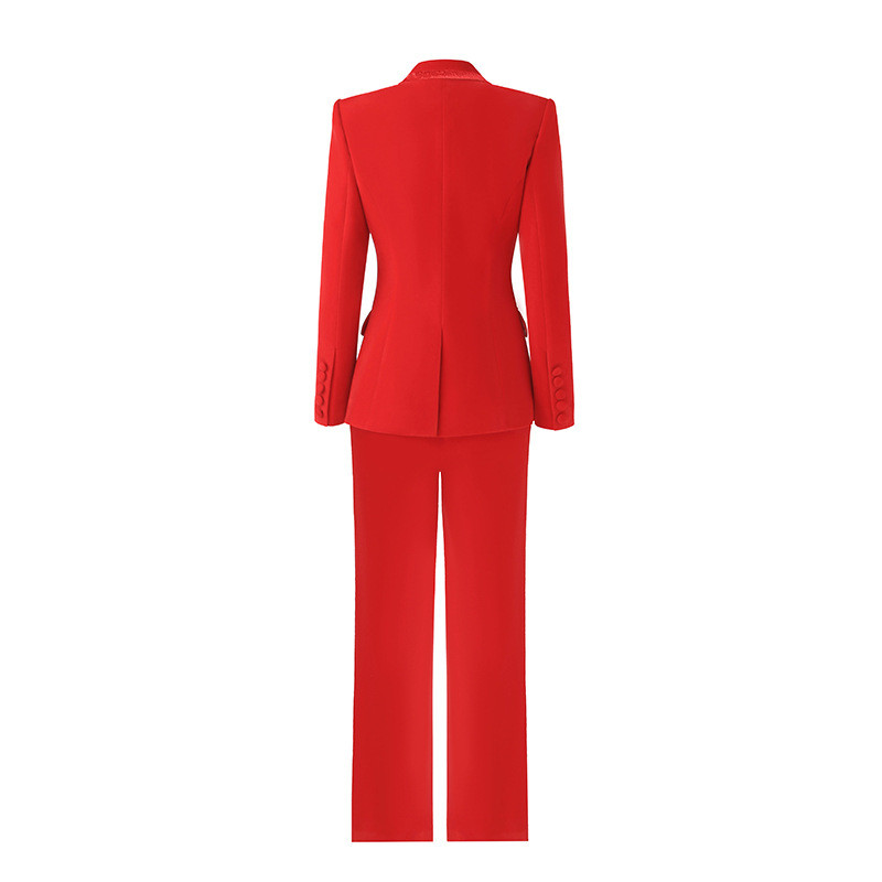 HarleyFashion Trening pentru femei din catifea roșie Blazer și pantaloni de calitate pentru Lady Office Set 2 piese Design de lux