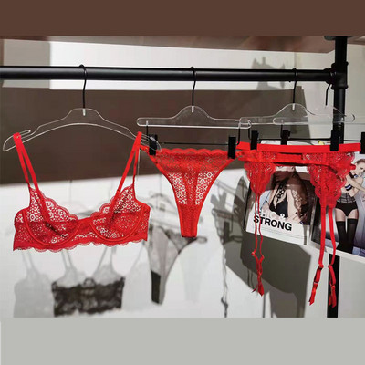 Seksikas õhukese lillelise pitsiga aluspesu terasrõngastega rihma rihmaga kolmeosaline läbipaistev rinnahoidja pükste komplekt