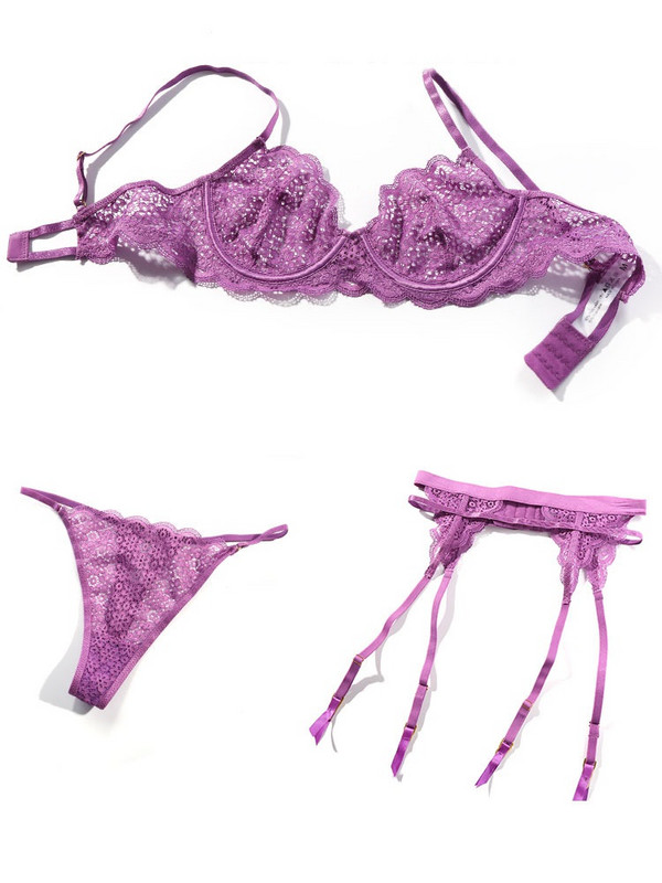 Seksikas õhukese lillelise pitsiga aluspesu terasrõngastega rihma rihmaga kolmeosaline läbipaistev rinnahoidja pükste komplekt