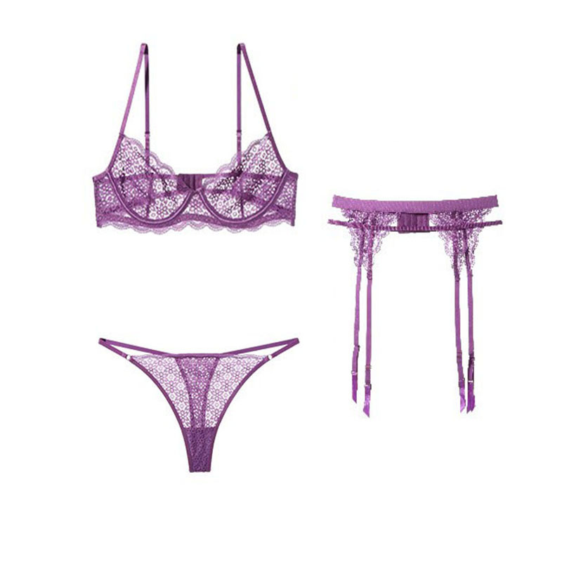 Seksikas õhukese lillelise pitsiga aluspesu terasrõngastega rihma rihmaga kolmeosaline läbipaistev rinnahoidja pükste komplekt