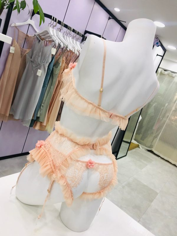 Βολάν δαντέλα Γυναικεία εσώρουχα Ροζ εσώρουχα οικεία ρούχα Εσώρουχα και See Through Σετ σουτιέν Lolita Wire Free Σετ σουτιέν