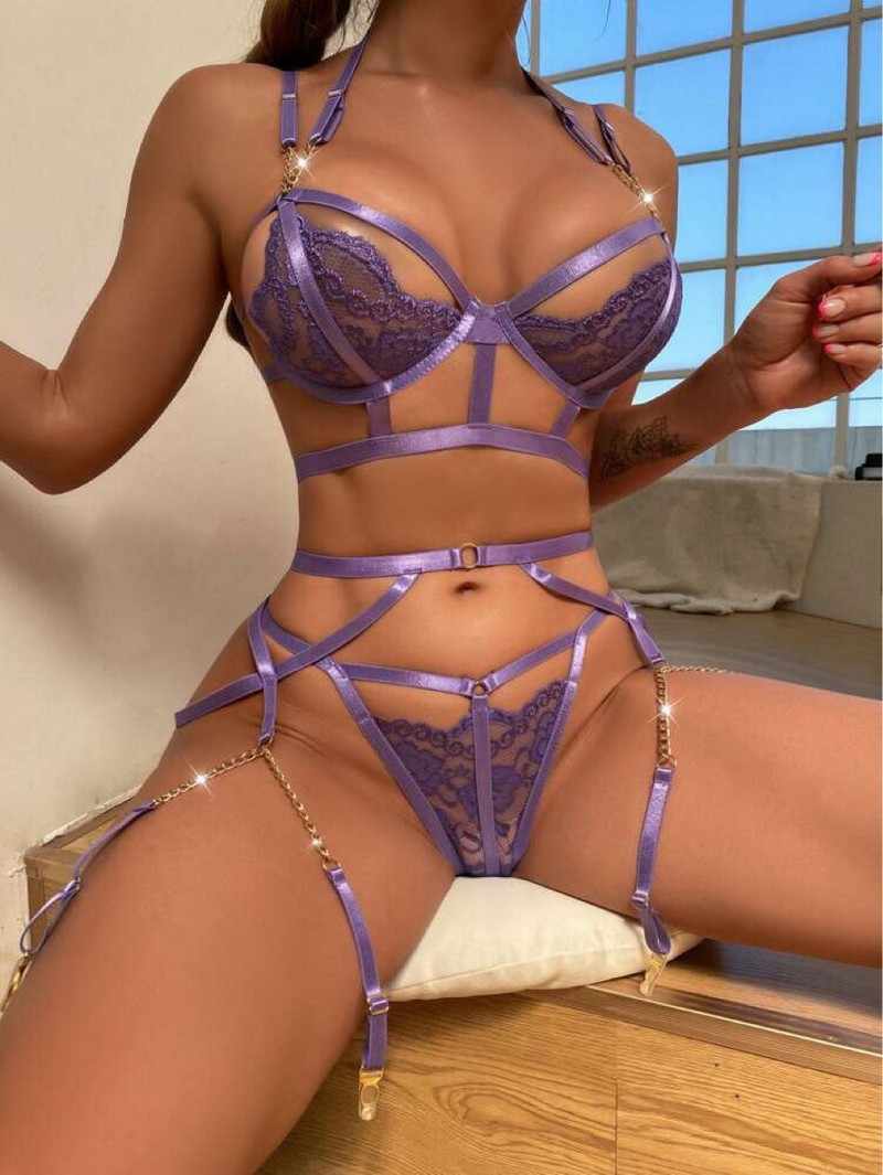 Yimunancu Σετ σουτιέν με δαντέλα 3 τεμαχίων 2022 Νέο γυναικείο μεταλλικό κέντημα μωβ Σετ εσώρουχα Σετ σουτιέν και εσώρουχα