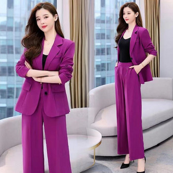 Дамски моден професионален костюм Корейски елегантен пролет есен нов ежедневен блейзър палто + панталон Комплект от две части Femlae Clothing